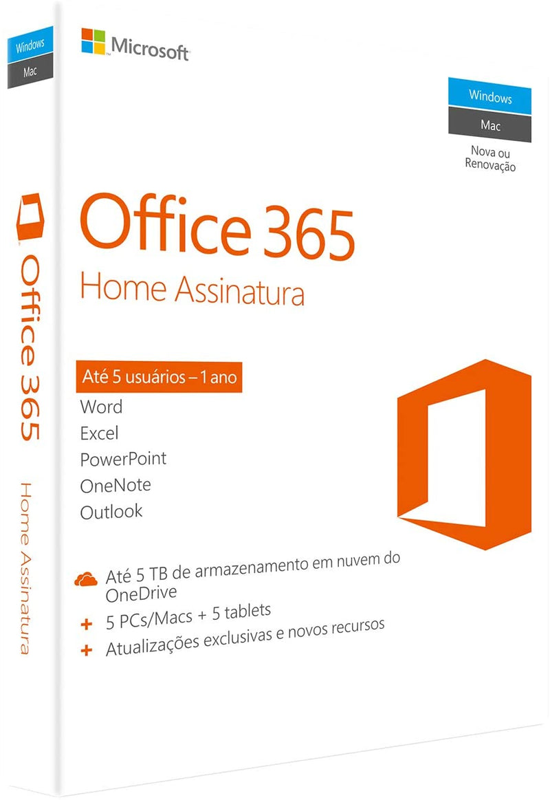 Office 365 Home 10 Dispositivos (5 PCs ou MACs + 5 ANDROIDS ou IOS) - Cartão Chave de Licença